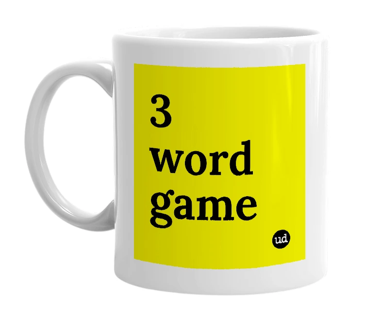 White mug with '3 word game' in bold black letters