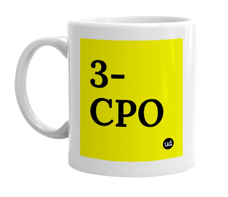 White mug with '3-CPO' in bold black letters