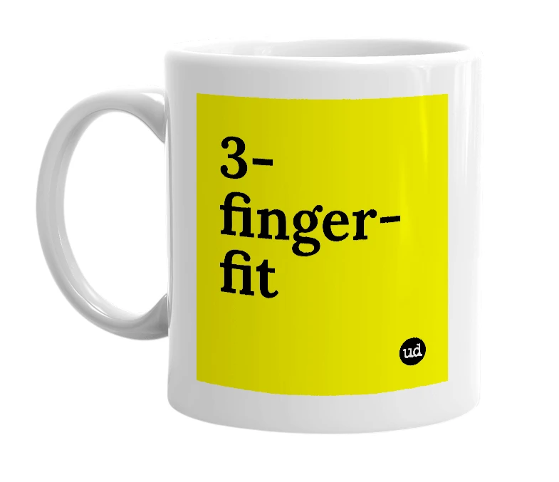 White mug with '3-finger-fit' in bold black letters