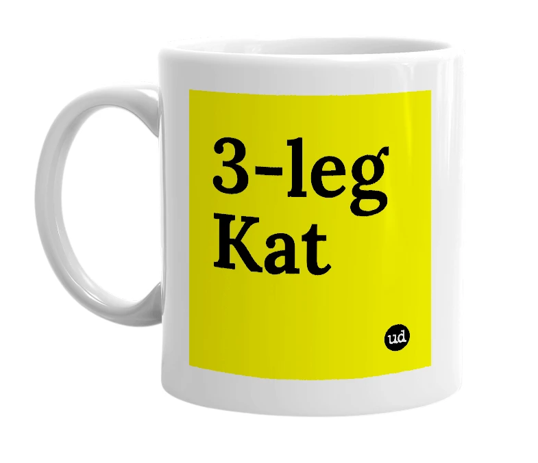 White mug with '3-leg Kat' in bold black letters