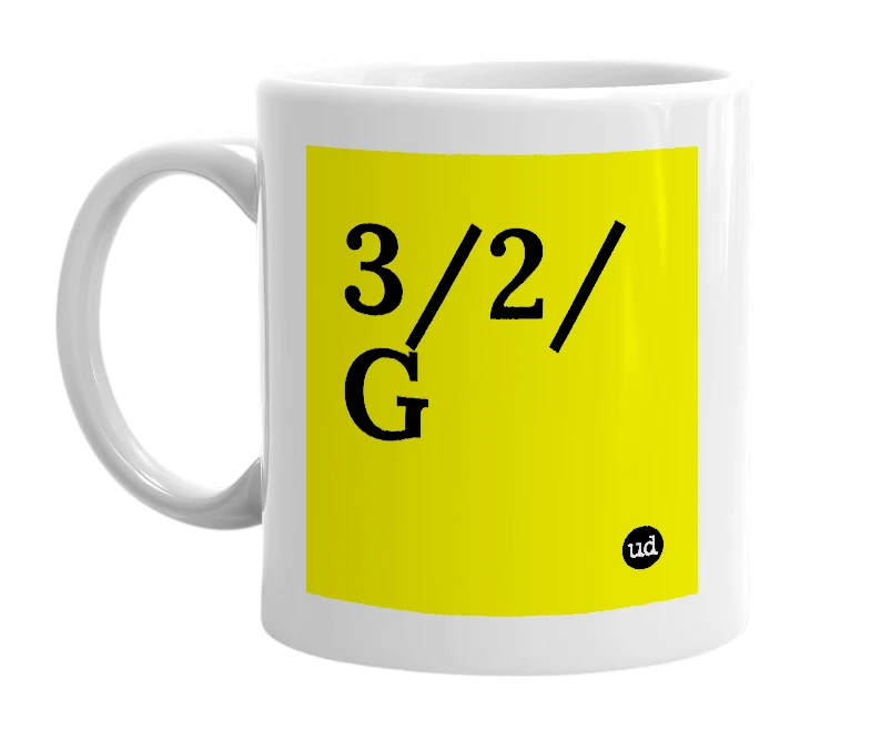 White mug with '3/2/G' in bold black letters
