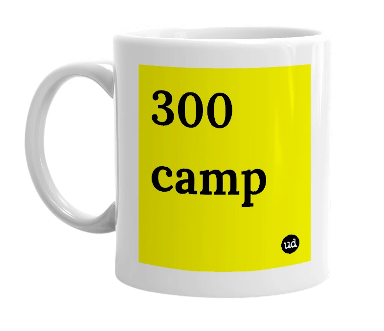 White mug with '300 camp' in bold black letters