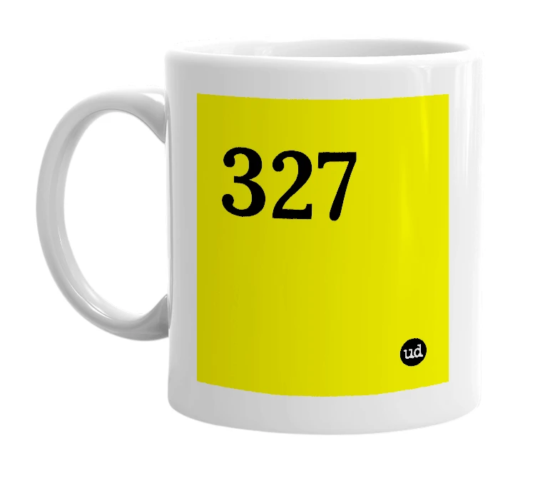 White mug with '327' in bold black letters