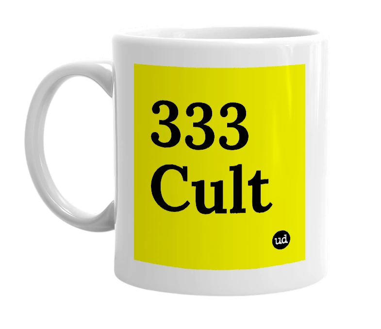 White mug with '333 Cult' in bold black letters