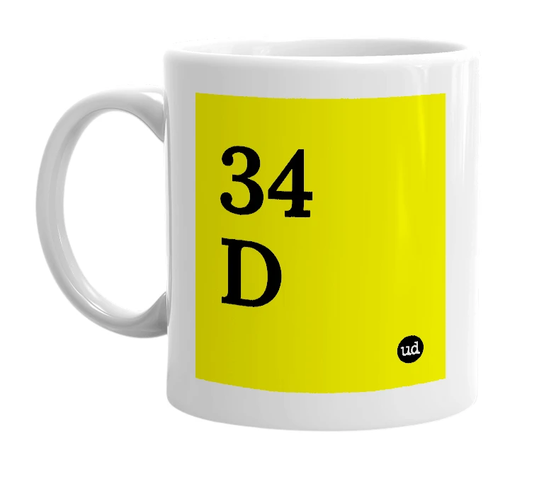 White mug with '34 D' in bold black letters