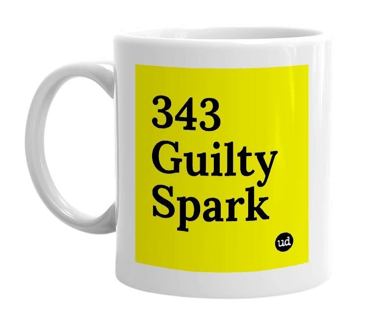 White mug with '343 Guilty Spark' in bold black letters