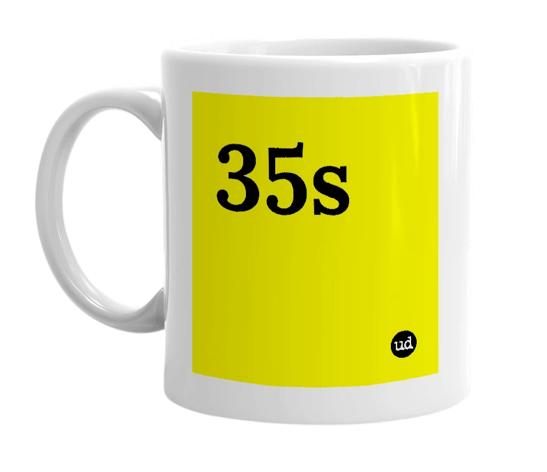 White mug with '35s' in bold black letters