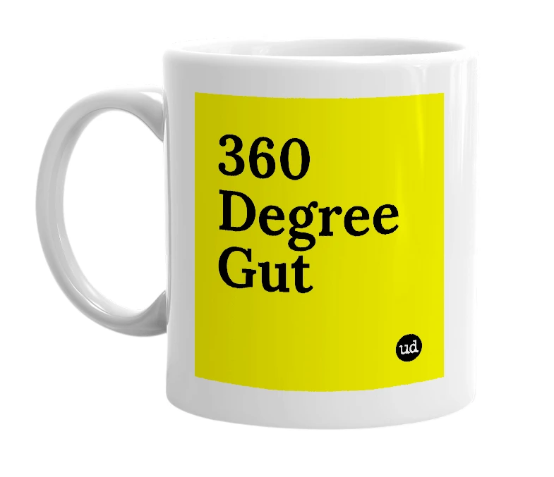 White mug with '360 Degree Gut' in bold black letters