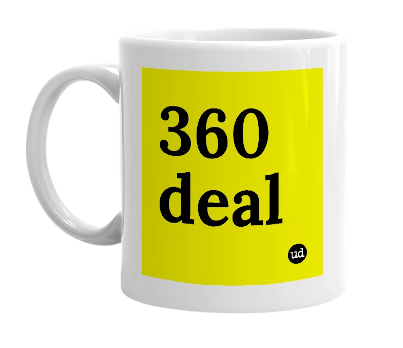 White mug with '360 deal' in bold black letters