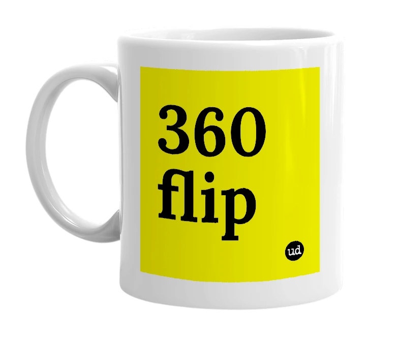 White mug with '360 flip' in bold black letters