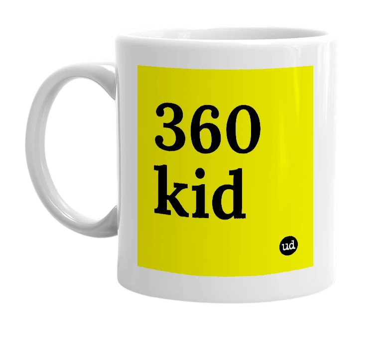 White mug with '360 kid' in bold black letters