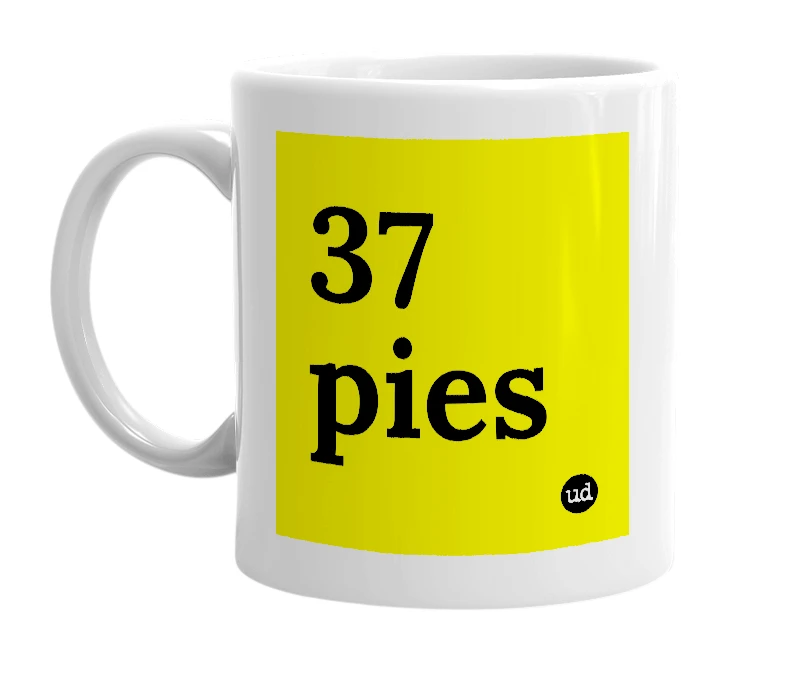 White mug with '37 pies' in bold black letters