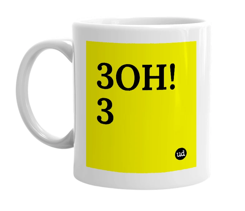 White mug with '3OH!3' in bold black letters