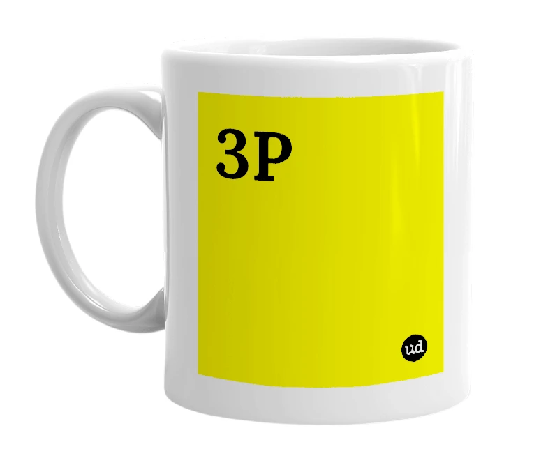 White mug with '3P' in bold black letters