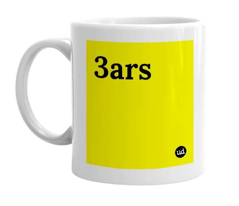 White mug with '3ars' in bold black letters