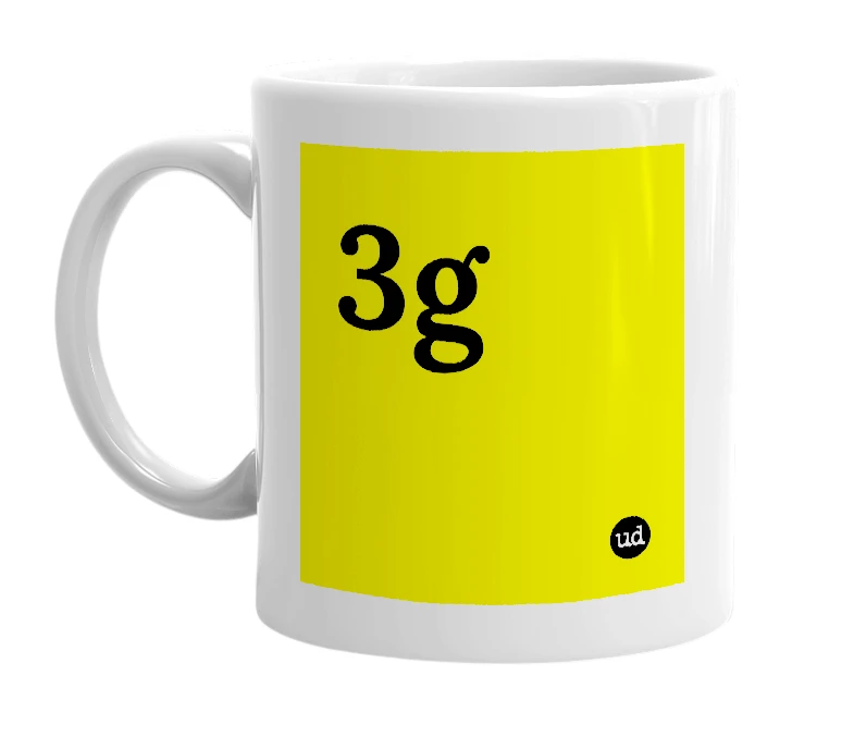 White mug with '3g' in bold black letters