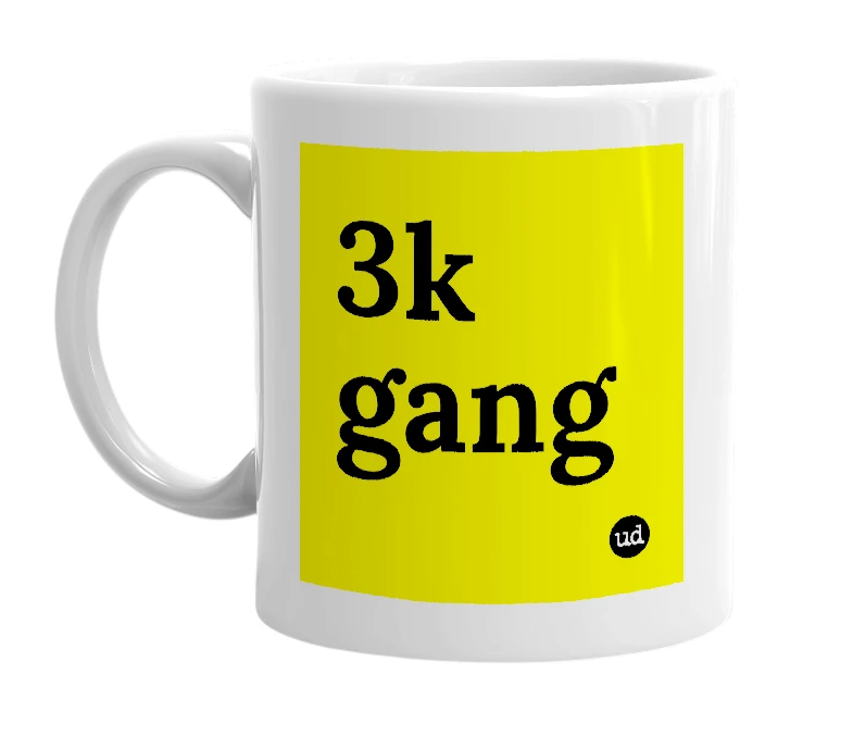 White mug with '3k gang' in bold black letters