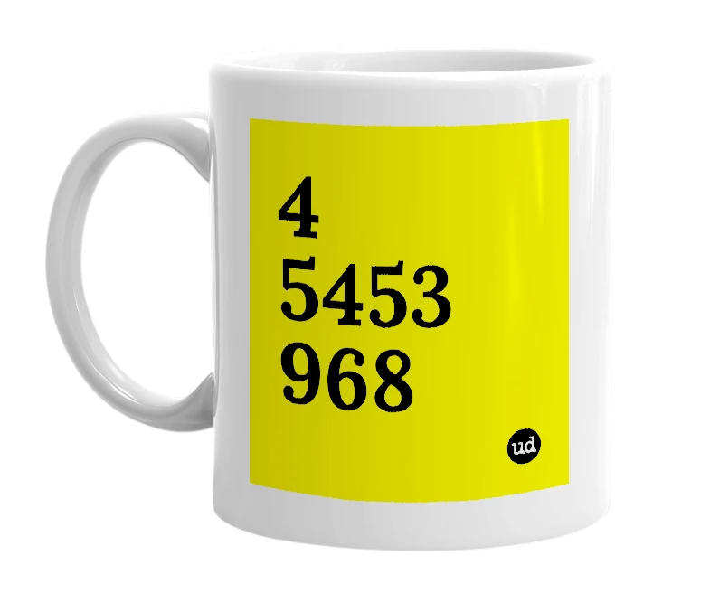 White mug with '4 5453 968' in bold black letters