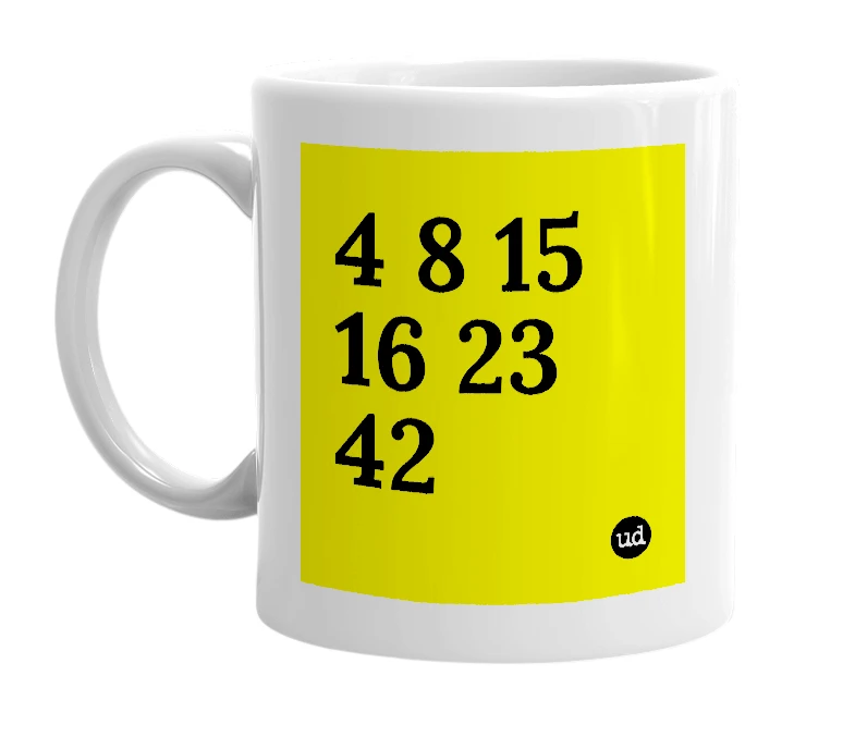 White mug with '4 8 15 16 23 42' in bold black letters