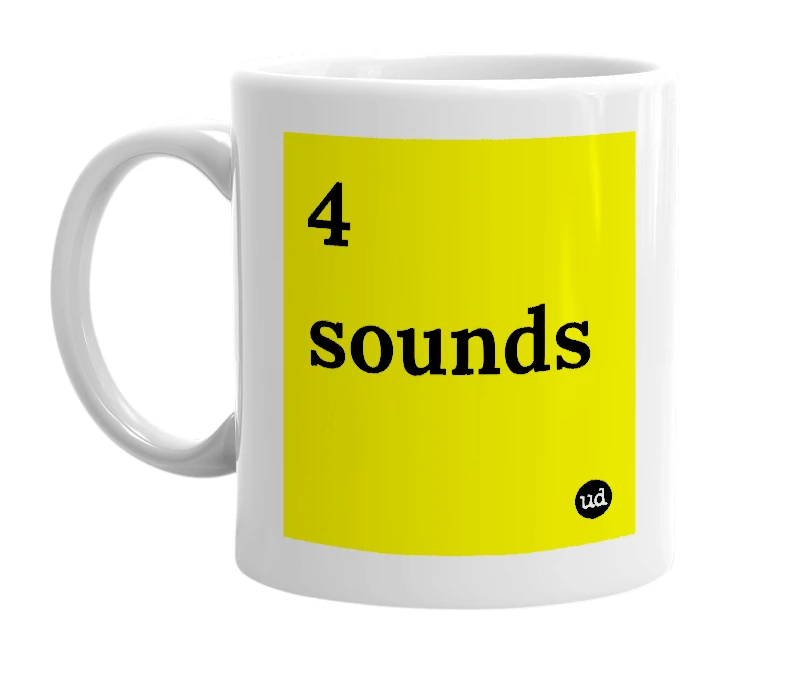 White mug with '4 sounds' in bold black letters