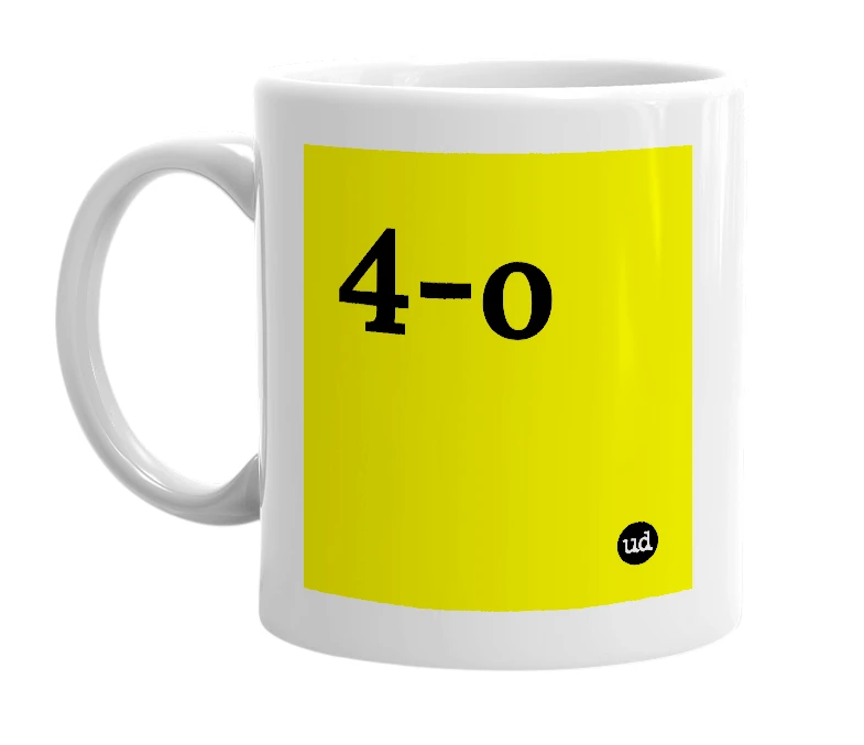 White mug with '4-o' in bold black letters