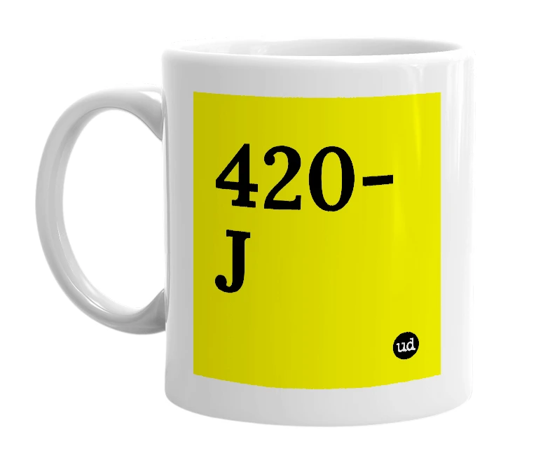 White mug with '420-J' in bold black letters