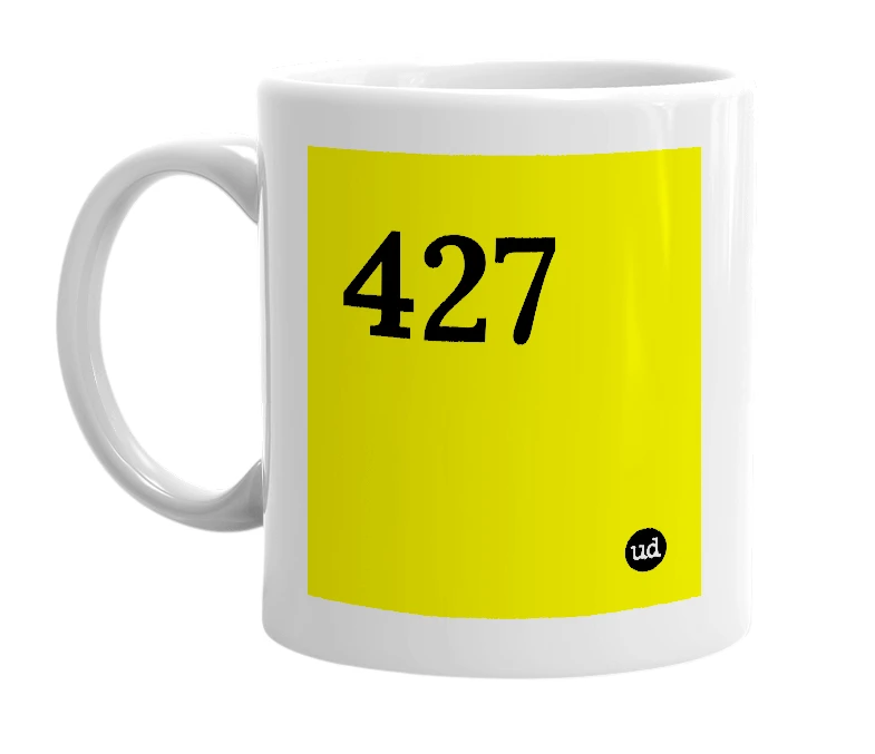 White mug with '427' in bold black letters