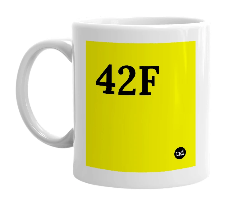 White mug with '42F' in bold black letters