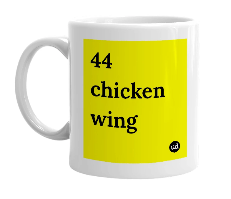 White mug with '44 chicken wing' in bold black letters