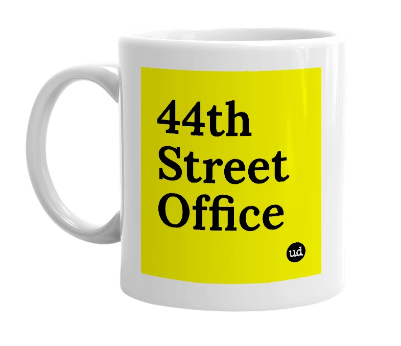 White mug with '44th Street Office' in bold black letters