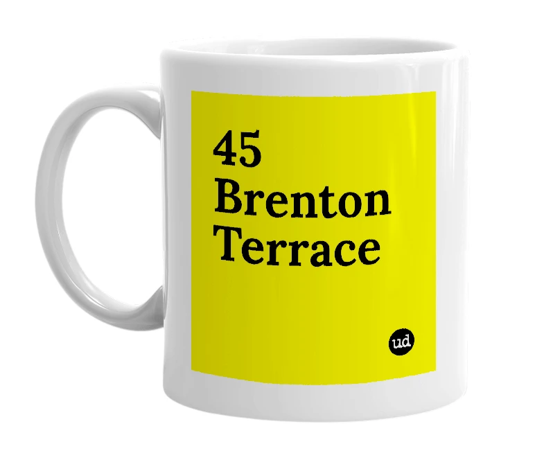 White mug with '45 Brenton Terrace' in bold black letters