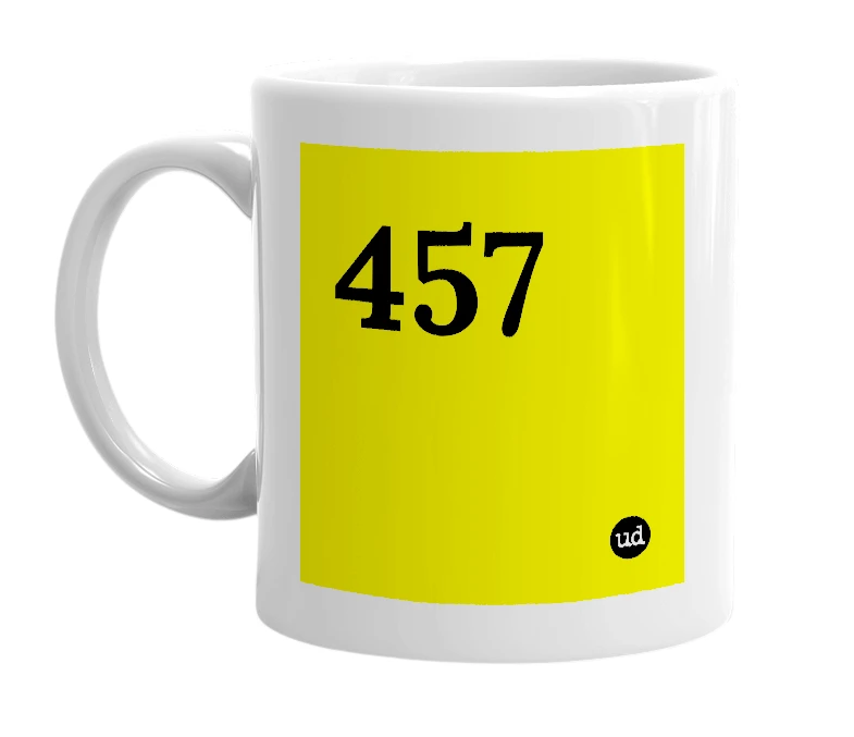 White mug with '457' in bold black letters