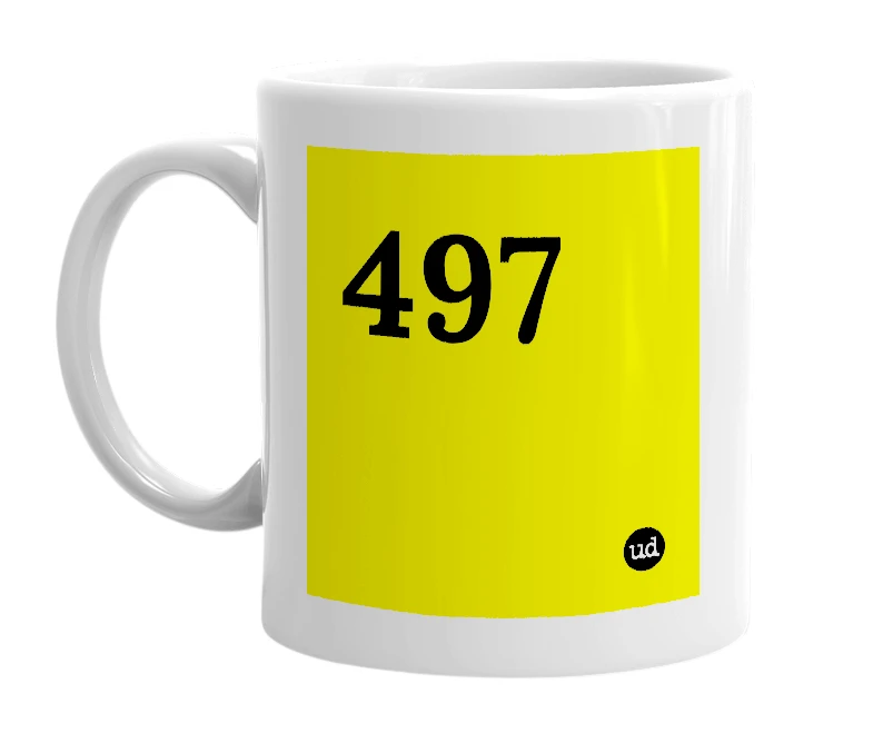 White mug with '497' in bold black letters