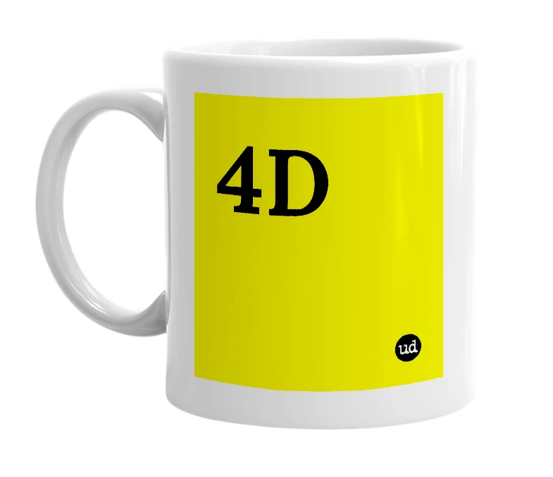 White mug with '4D' in bold black letters