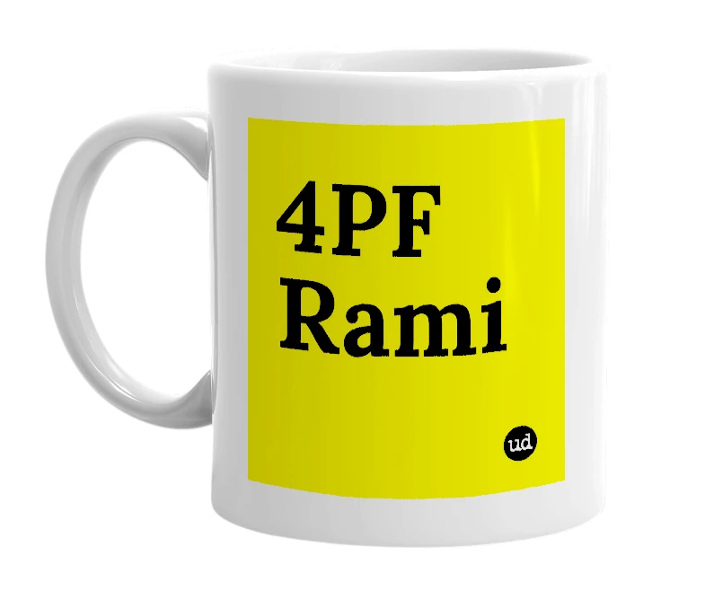 White mug with '4PF Rami' in bold black letters