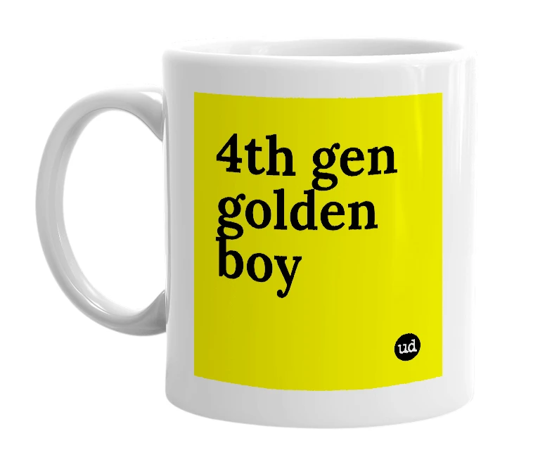 White mug with '4th gen golden boy' in bold black letters