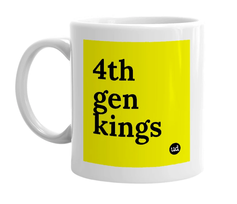 White mug with '4th gen kings' in bold black letters