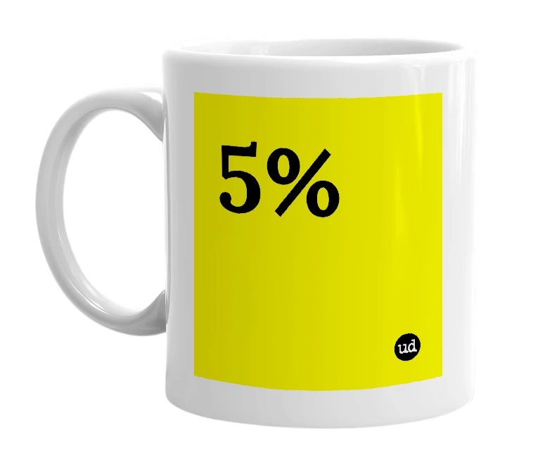 White mug with '5%' in bold black letters