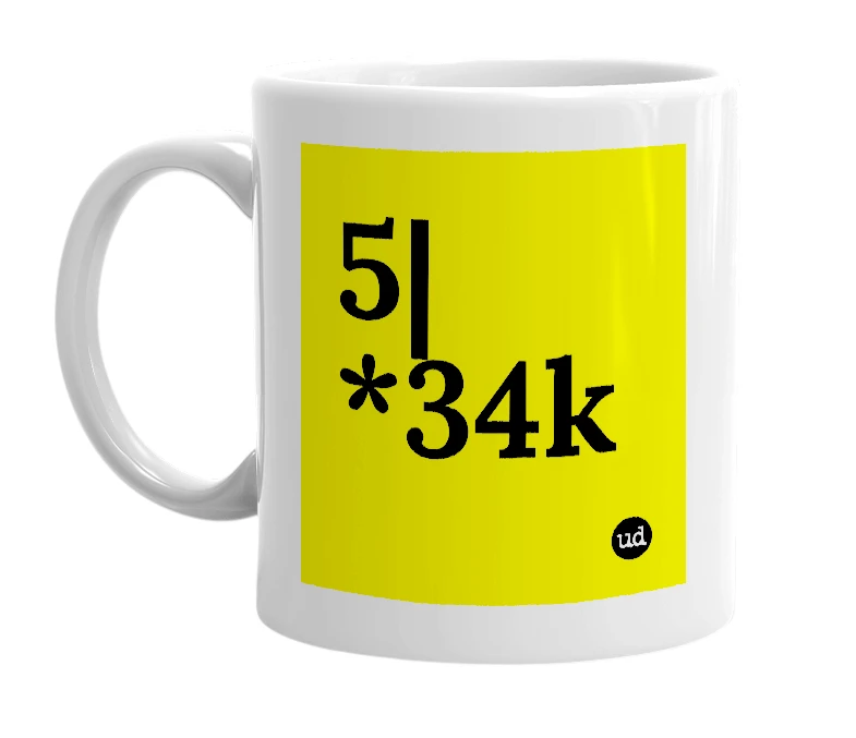 White mug with '5|*34k' in bold black letters