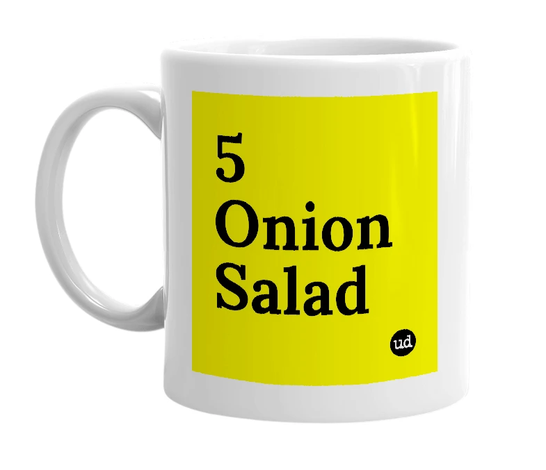 White mug with '5 Onion Salad' in bold black letters