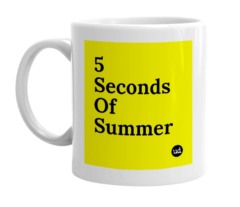 White mug with '5 Seconds Of Summer' in bold black letters