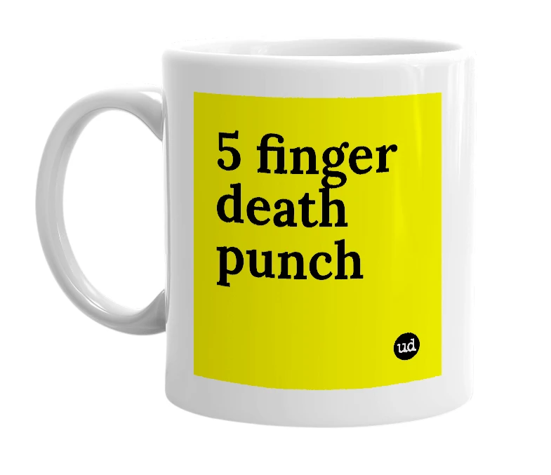White mug with '5 finger death punch' in bold black letters