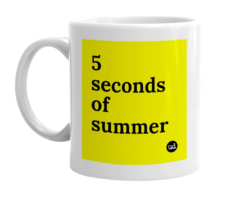 White mug with '5 seconds of summer' in bold black letters