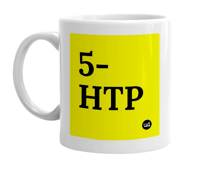 White mug with '5-HTP' in bold black letters