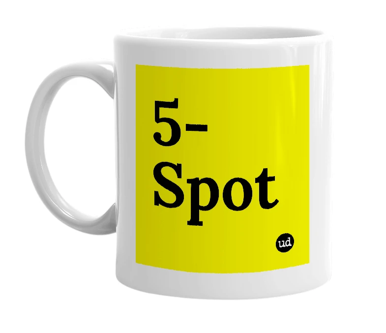 White mug with '5-Spot' in bold black letters