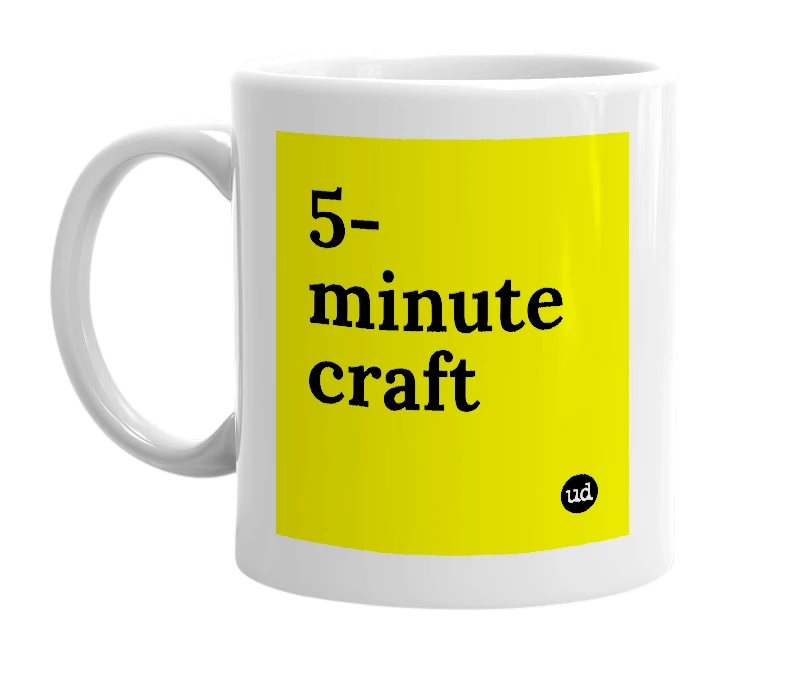 White mug with '5-minute craft' in bold black letters