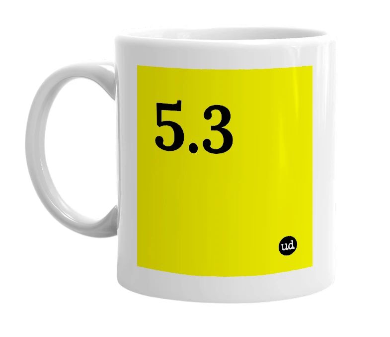 White mug with '5.3' in bold black letters