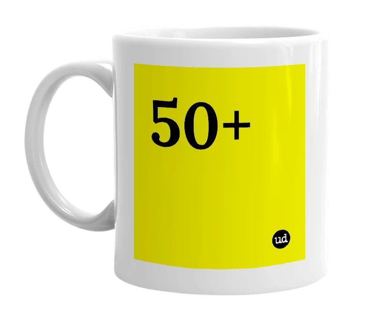 White mug with '50+' in bold black letters