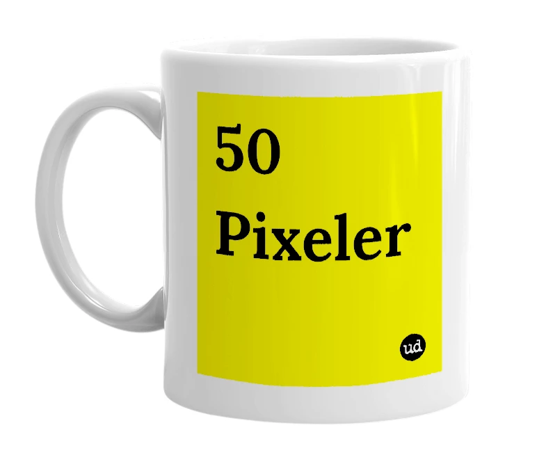 White mug with '50 Pixeler' in bold black letters