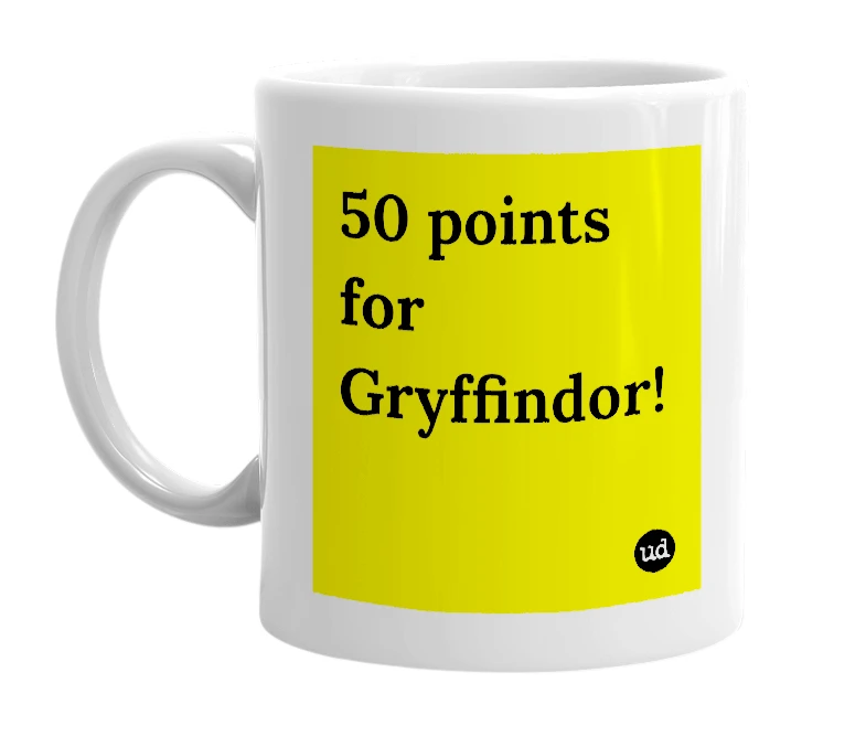 White mug with '50 points for Gryffindor!' in bold black letters